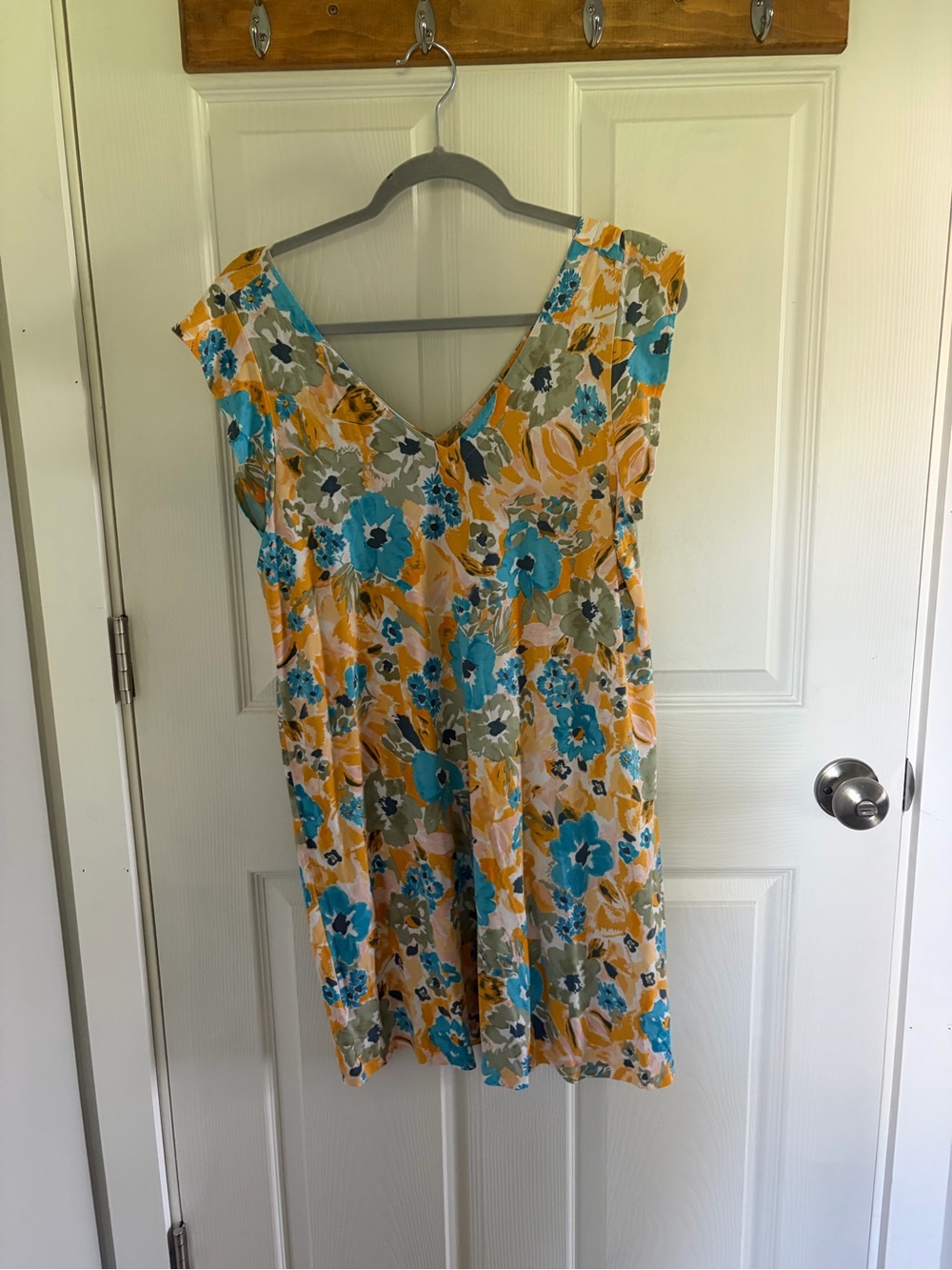 Loft Floral V-Neck Cap Sleeve Dress in Yellow & Teal